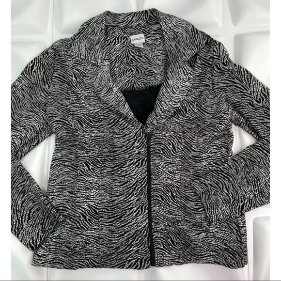 Chico's 2 Sz L Womens Black Metallic Silver Knit Moto Jacket Full Zip Zebra - Picture 3 of 8